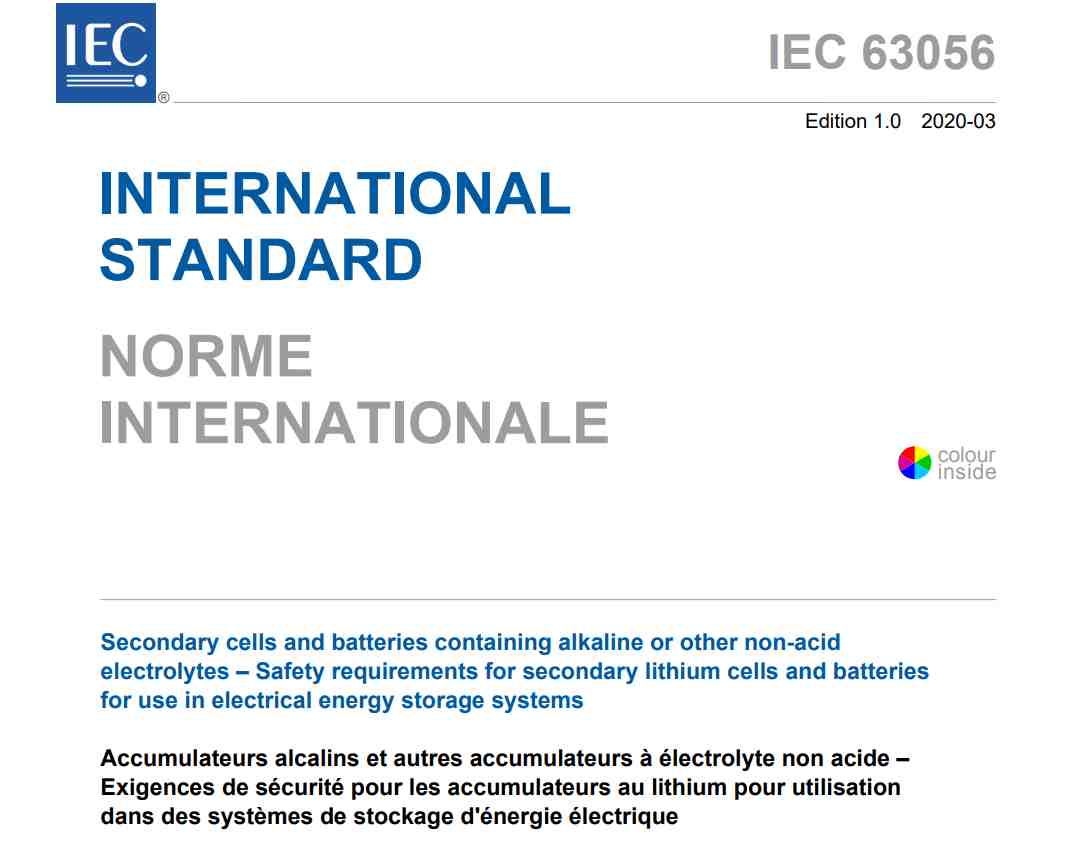 Safety requirements for secondary lithium batteries and accumulators containing alkaline or other non-acid electrolytes used in electrical energy storage systems