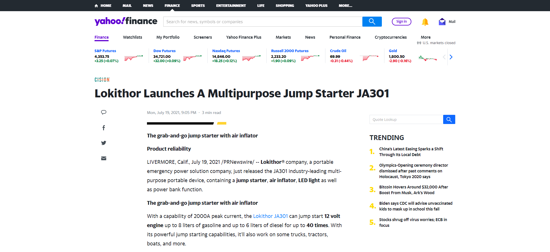 Lokithor Launches A Multipurpose Jump Starter JA301 - finance.yahoo.com