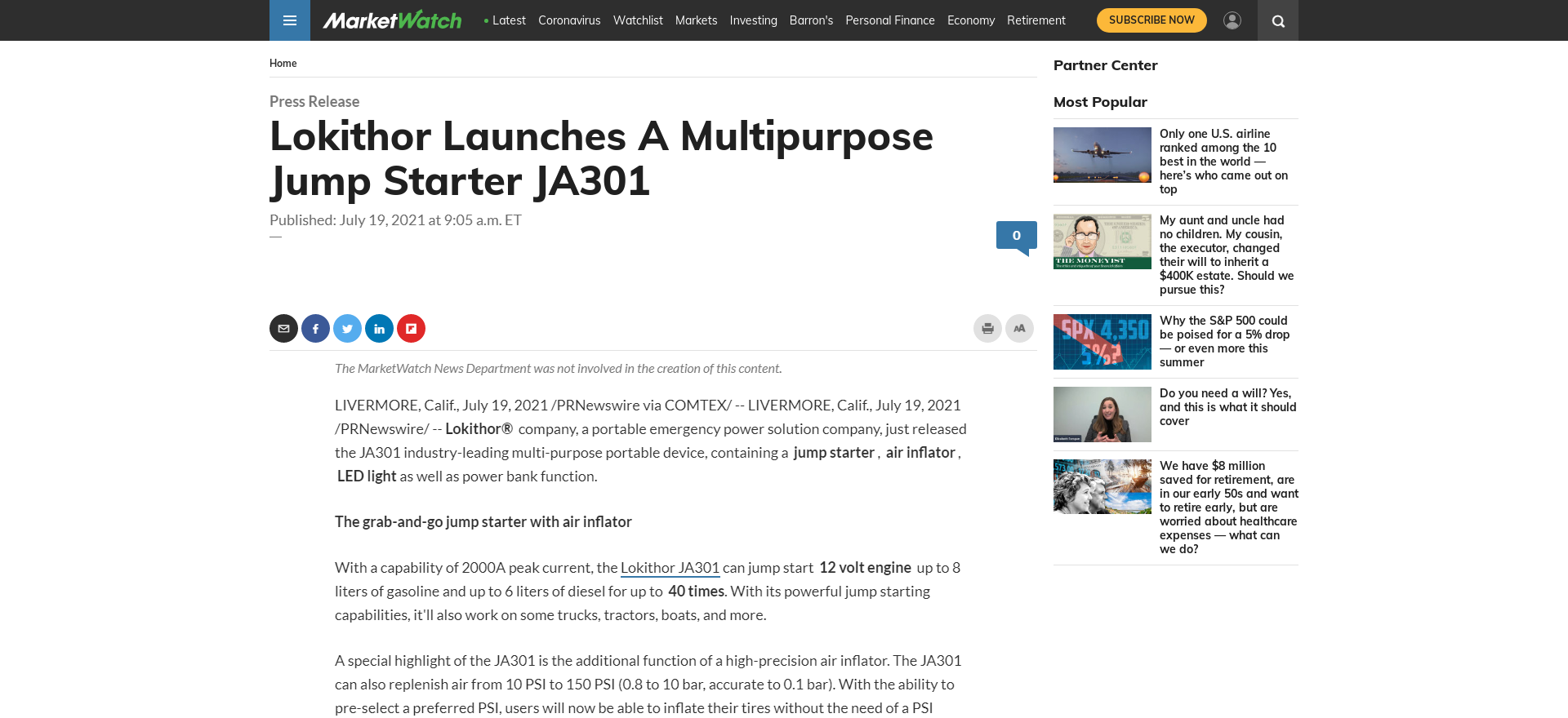 Lokithor Launches A Multipurpose Jump Starter JA301 - MarketWatch_ - www.marketwatch.com
