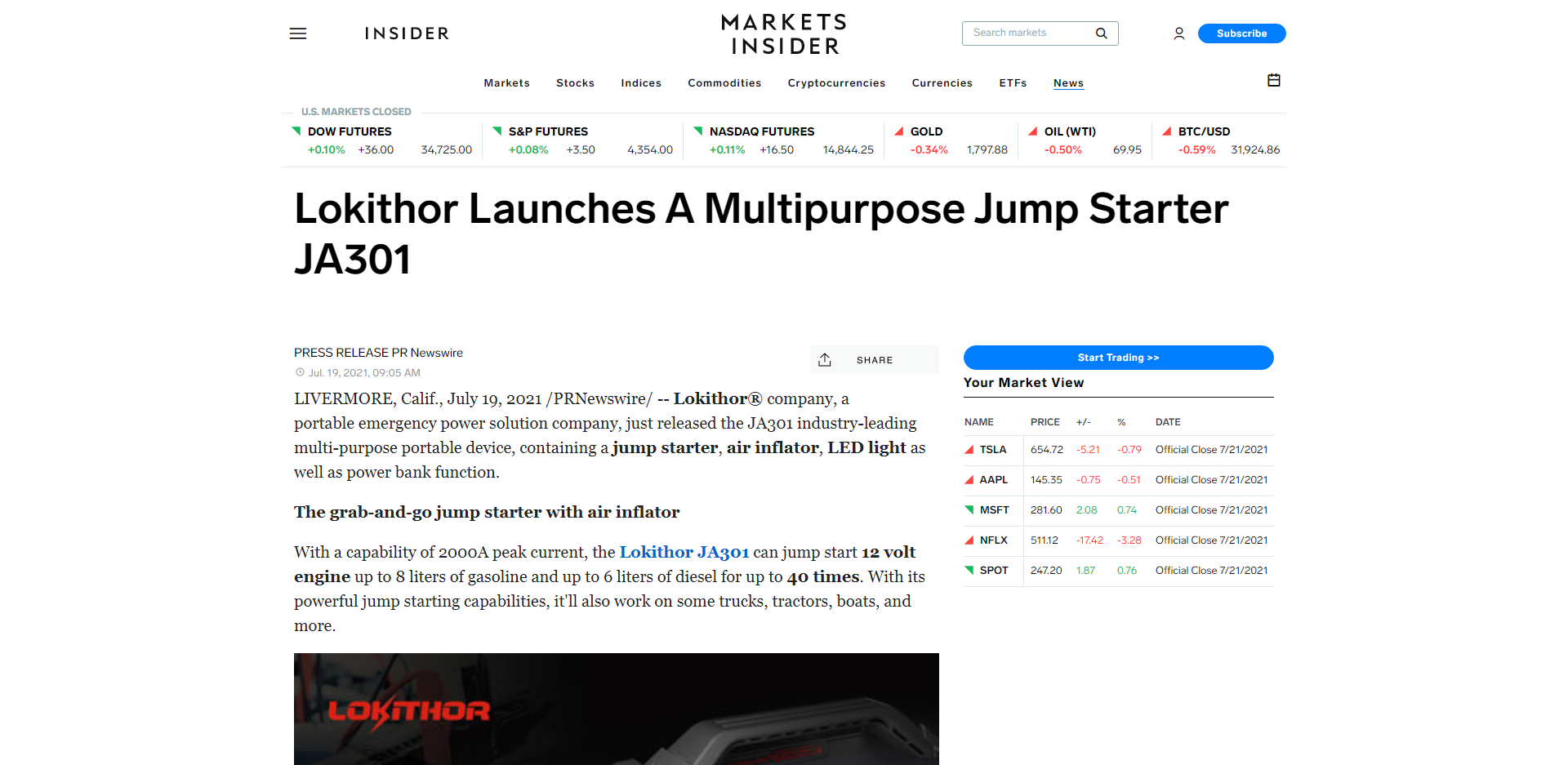 Lokithor Launches A Multipurpose Jump Starter JA301 - Markets Insider_ - markets.businessinsider.com