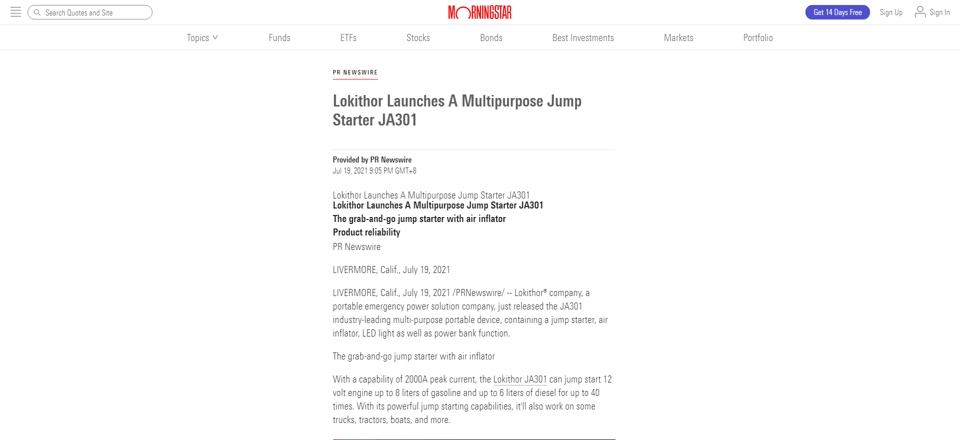Lokithor Launches A Multipurpose Jump Starter JA301 - Morningstar_ - www.morningstar.com