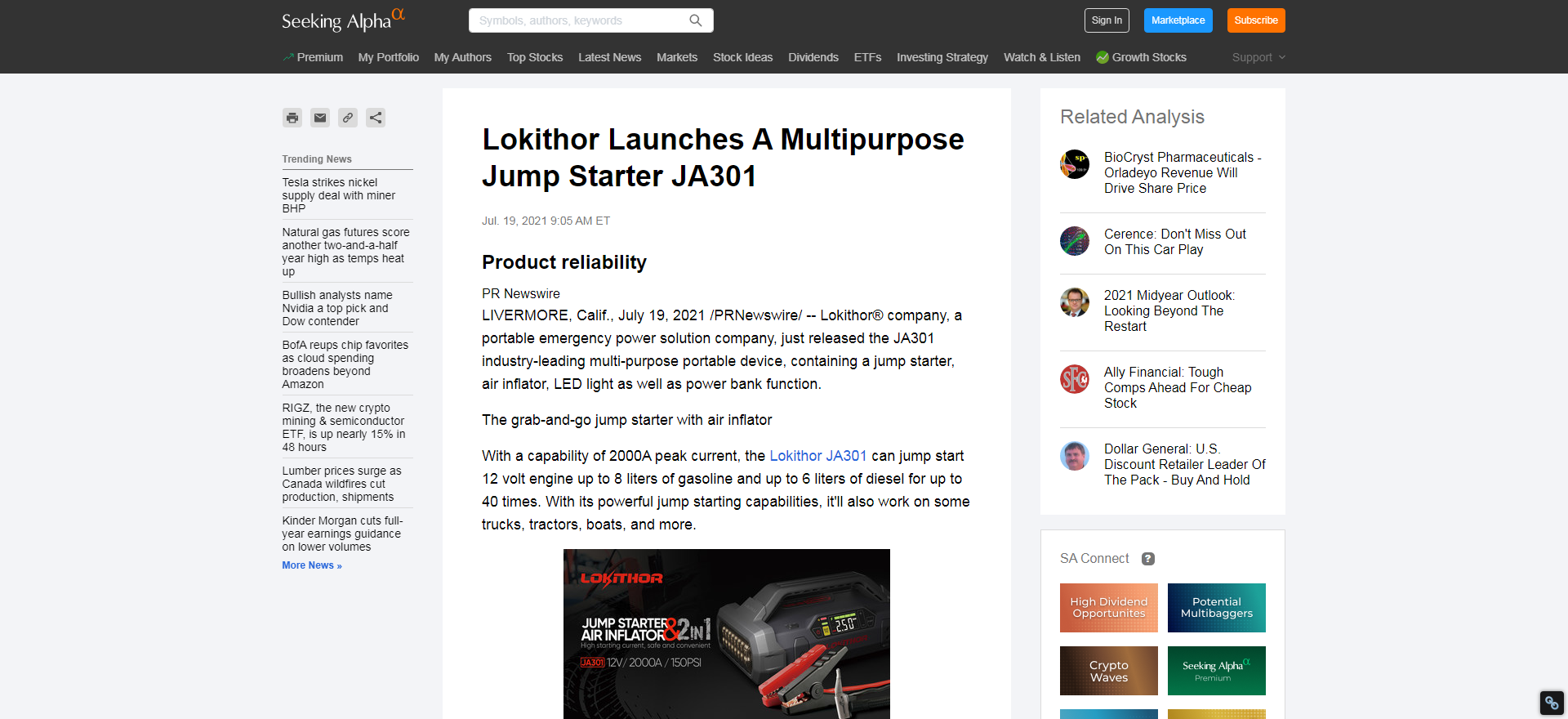 Lokithor Launches A Multipurpose Jump Starter JA301 - Seeking Alpha_ - seekingalpha.com