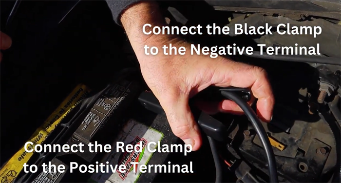 Connect red (+) clamp to the positive (+) terminal on the vehicle battery and the black (-) clamp to the negative (-) terminal on the vehicle battery
