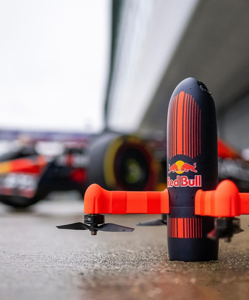 The Red Bull fpv drone, shaped like a rocket